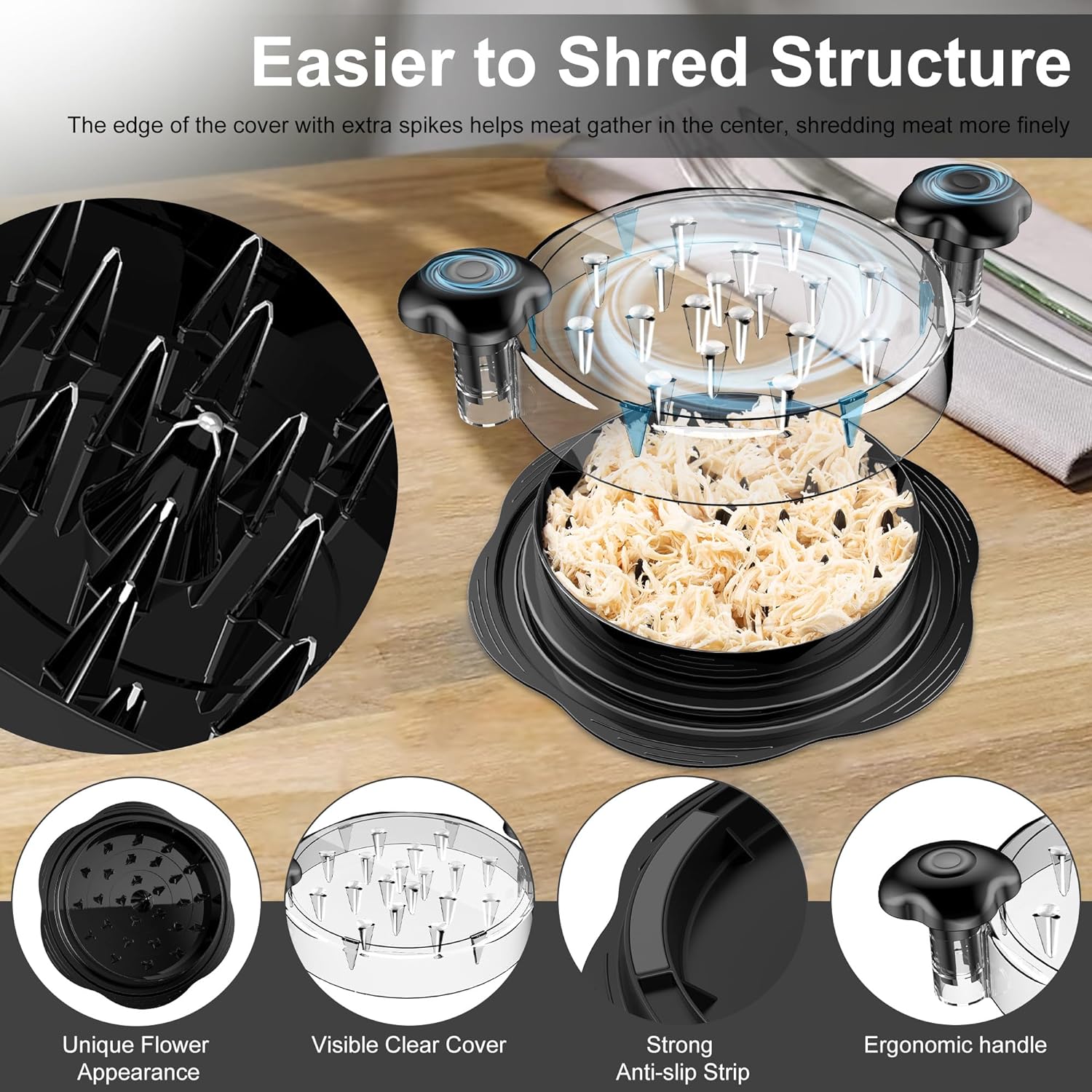 SURETIVIAN black chicken shredder diagram showing clear lid teeth anti-slip base and handles