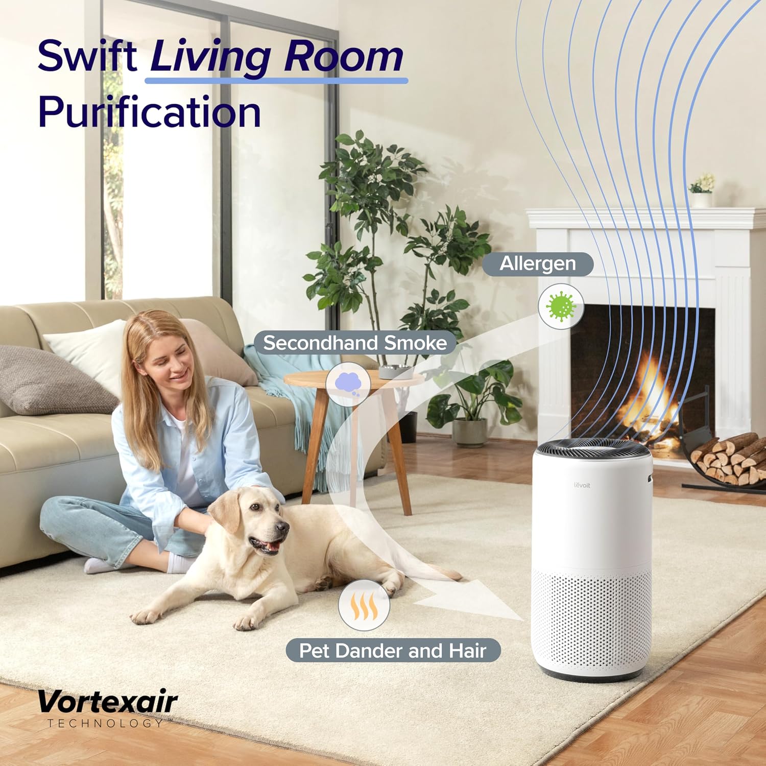 Supplier room illustration with exact white Levoit Core 400S-P and airflow graphics