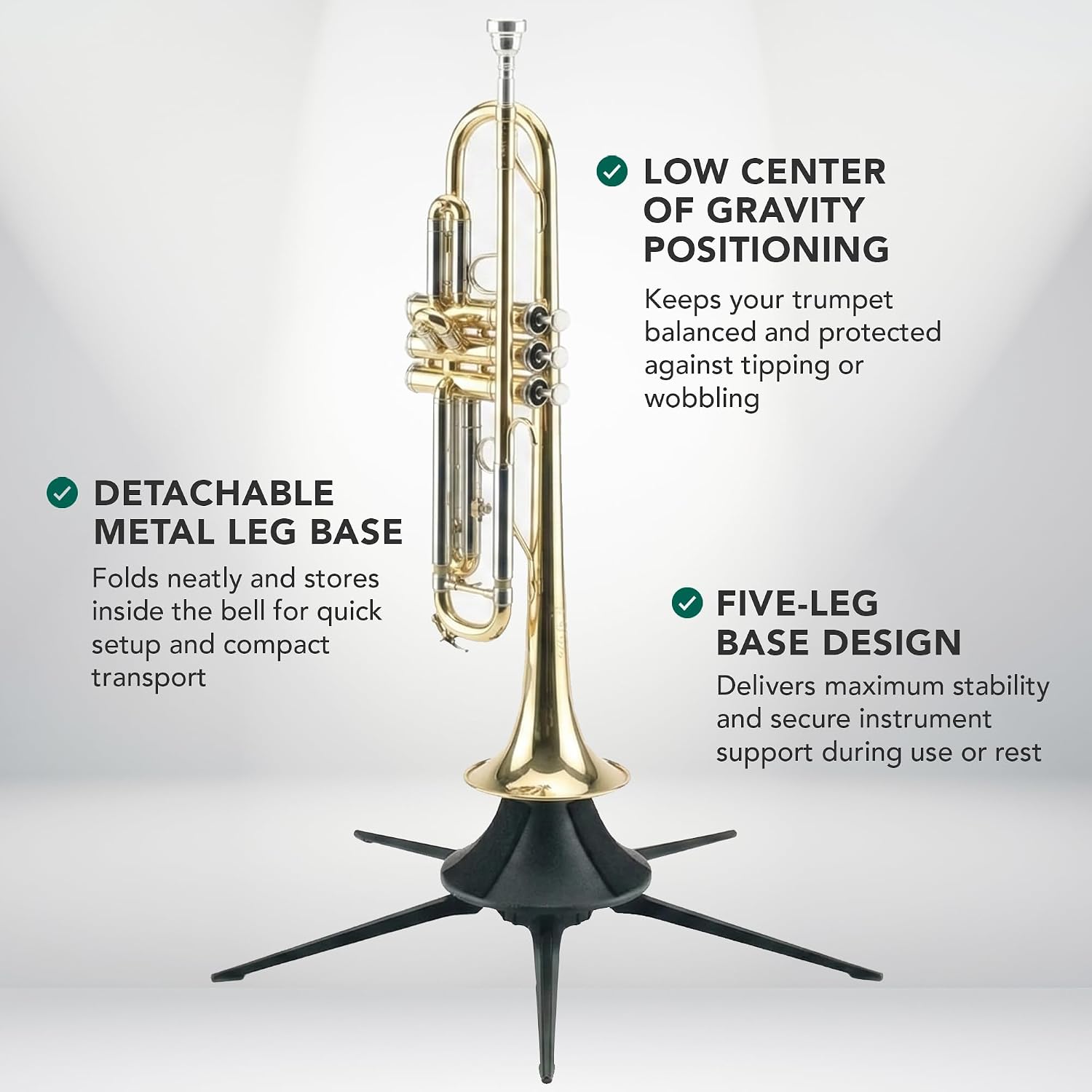 Trumpet resting bell-down on the black five-leg K&M 15213 stand