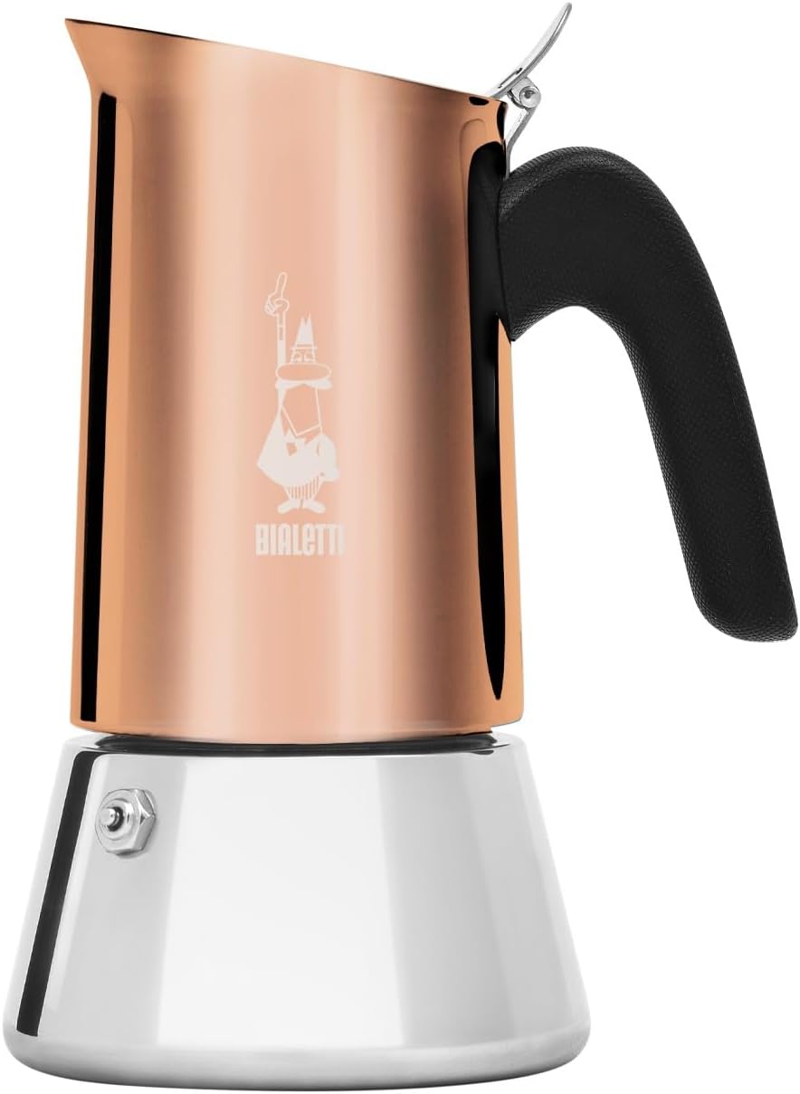 Copper-colored Bialetti Venus six-cup moka pot with silver lower chamber and black handle