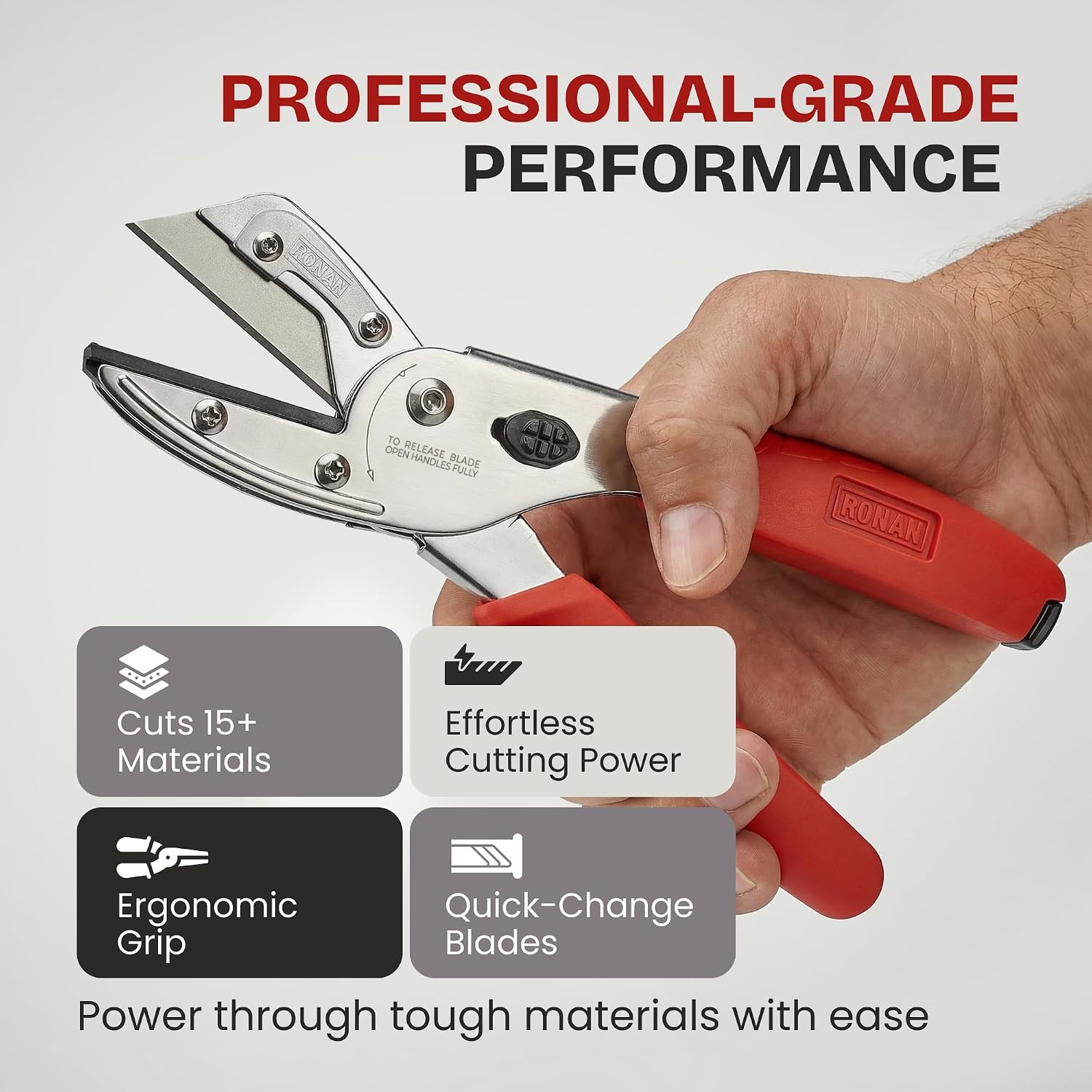 Ronan Multi-Cut Quick Change held open, showing the utility blade, flat anvil, pivot, and red grips.