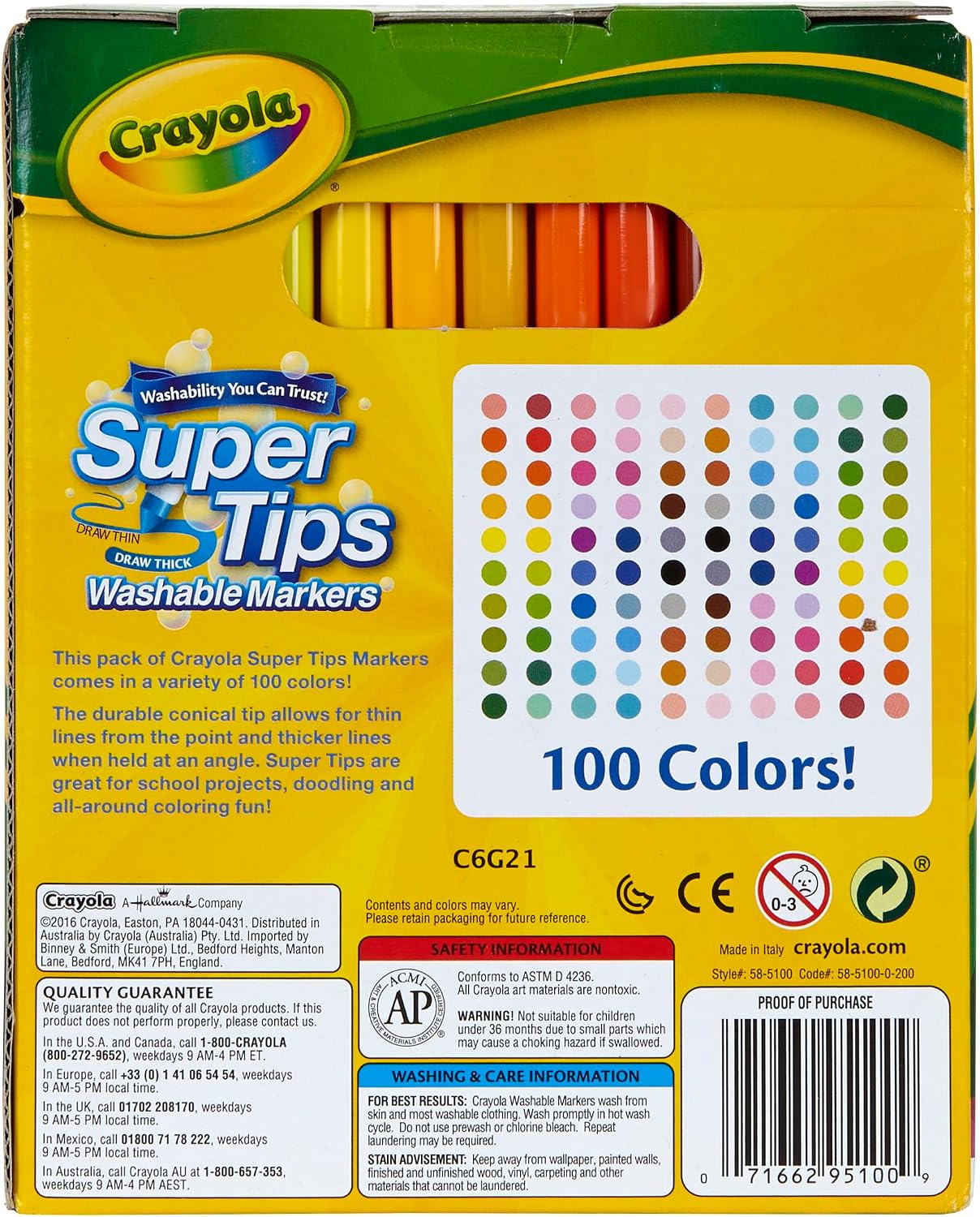 Back of the Crayola Super Tips 100-color box showing tip-use diagrams, care instructions, and color dots