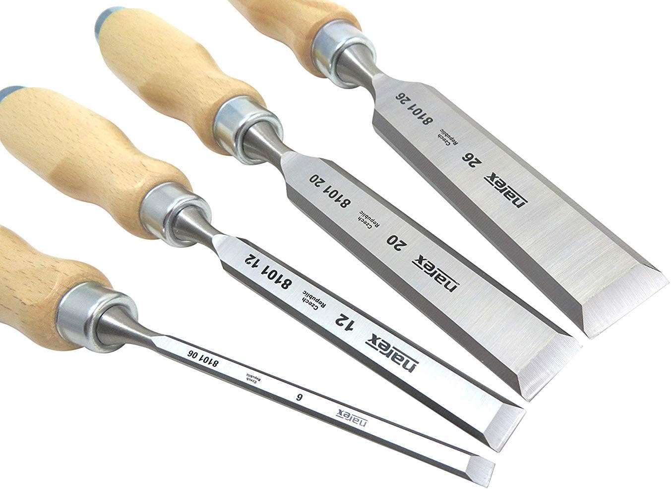 Closer view of four Narex blades showing the metric size and 8101-series codes.