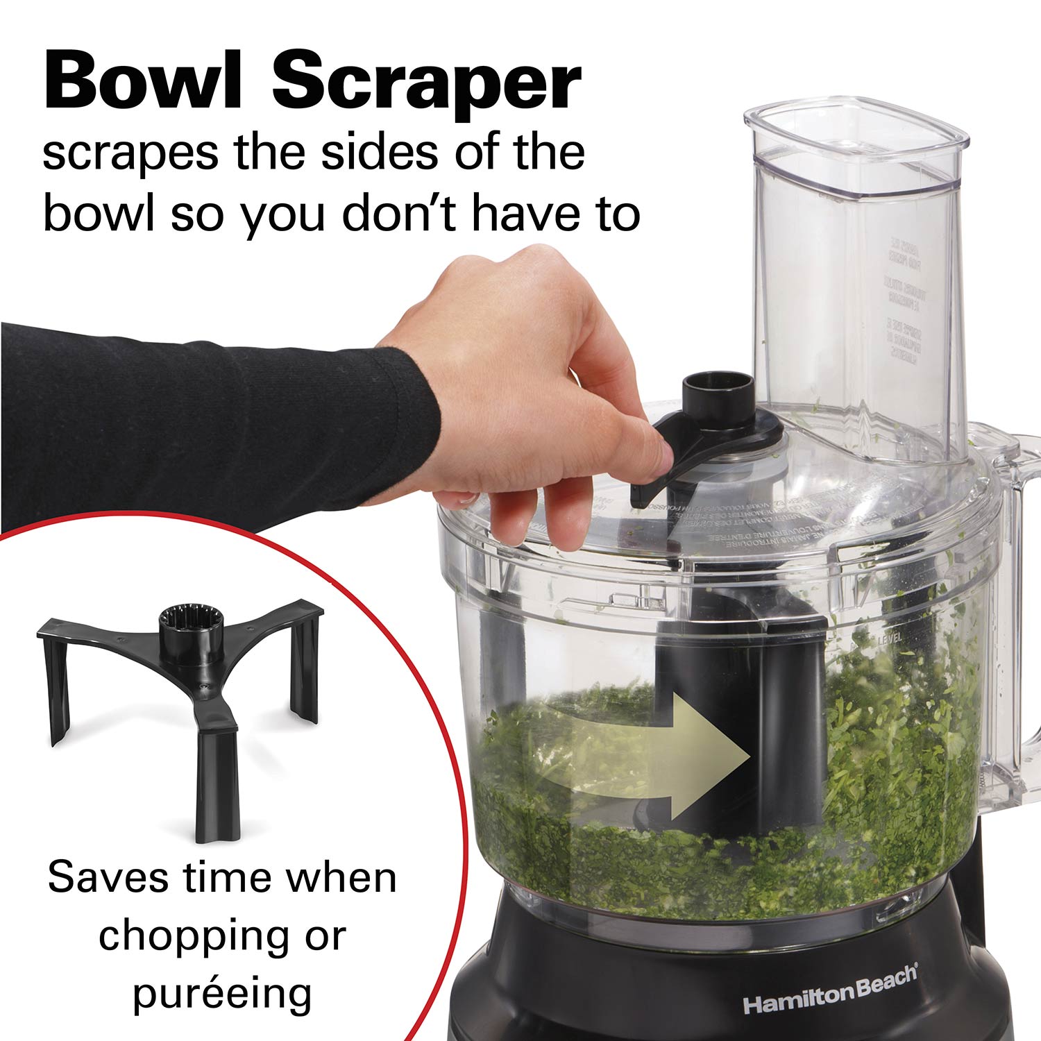 Hamilton Beach 70730 food processor showing the lid-mounted bowl scraper handle