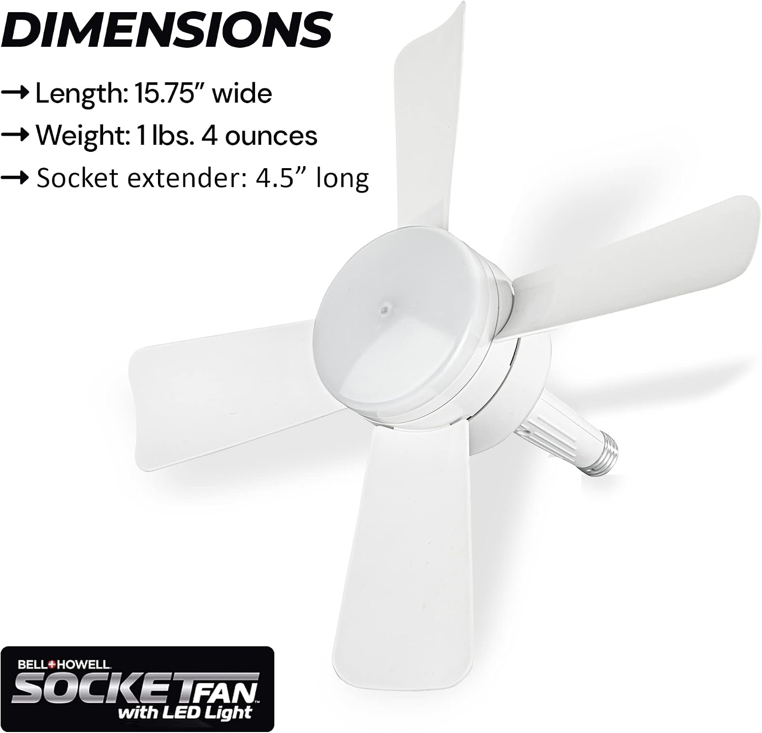 Manufacturer dimension illustration of white15.75inch Socket Fan Light