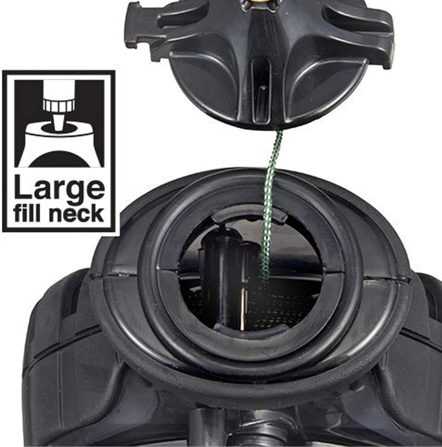 Open refill port of the Tajima CR301JF chalk line, with the cap lifted above the opening and green line visible