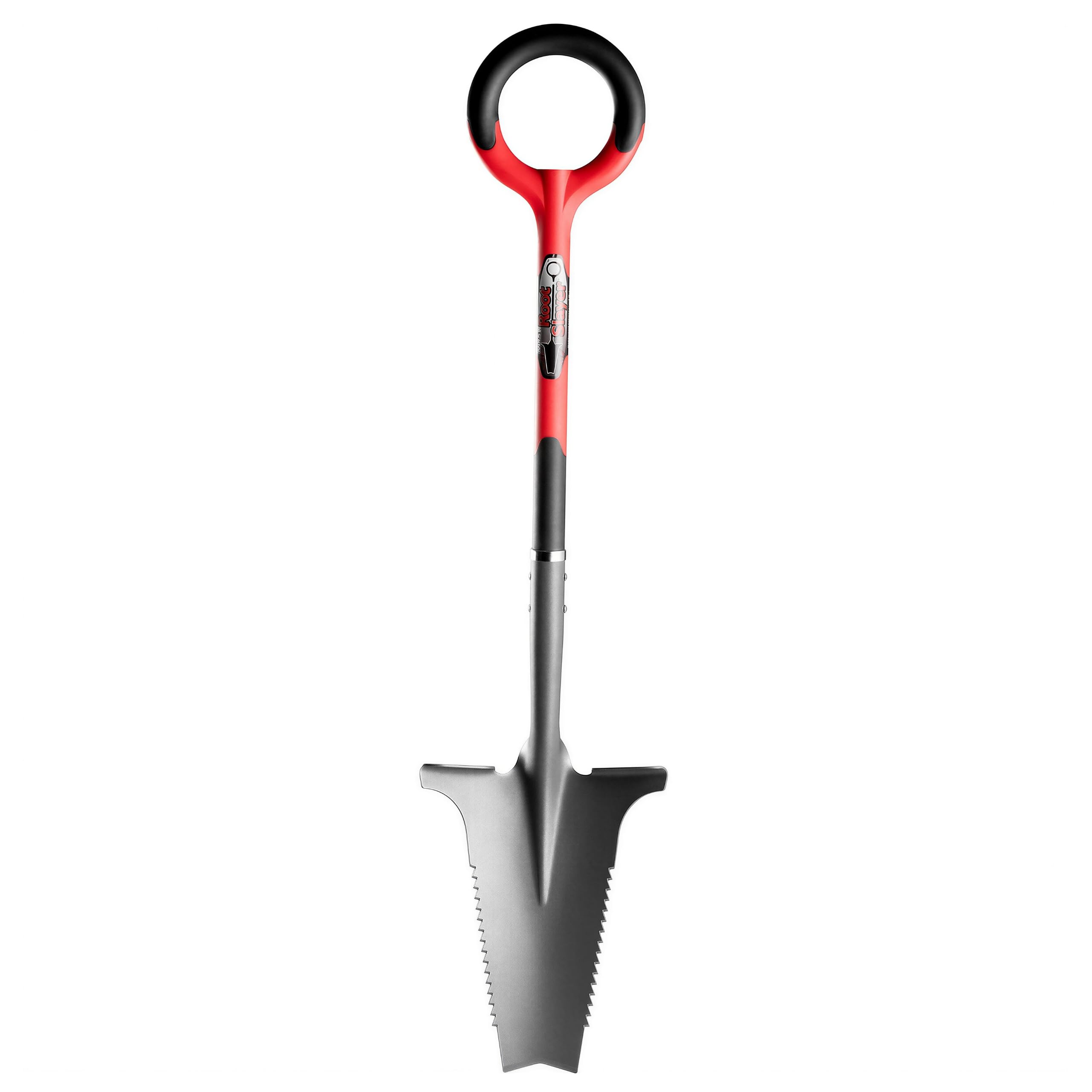 Radius Garden Root Slayer 22011 shovel in red, with its circular handle, serrated blade and notched tip shown in full
