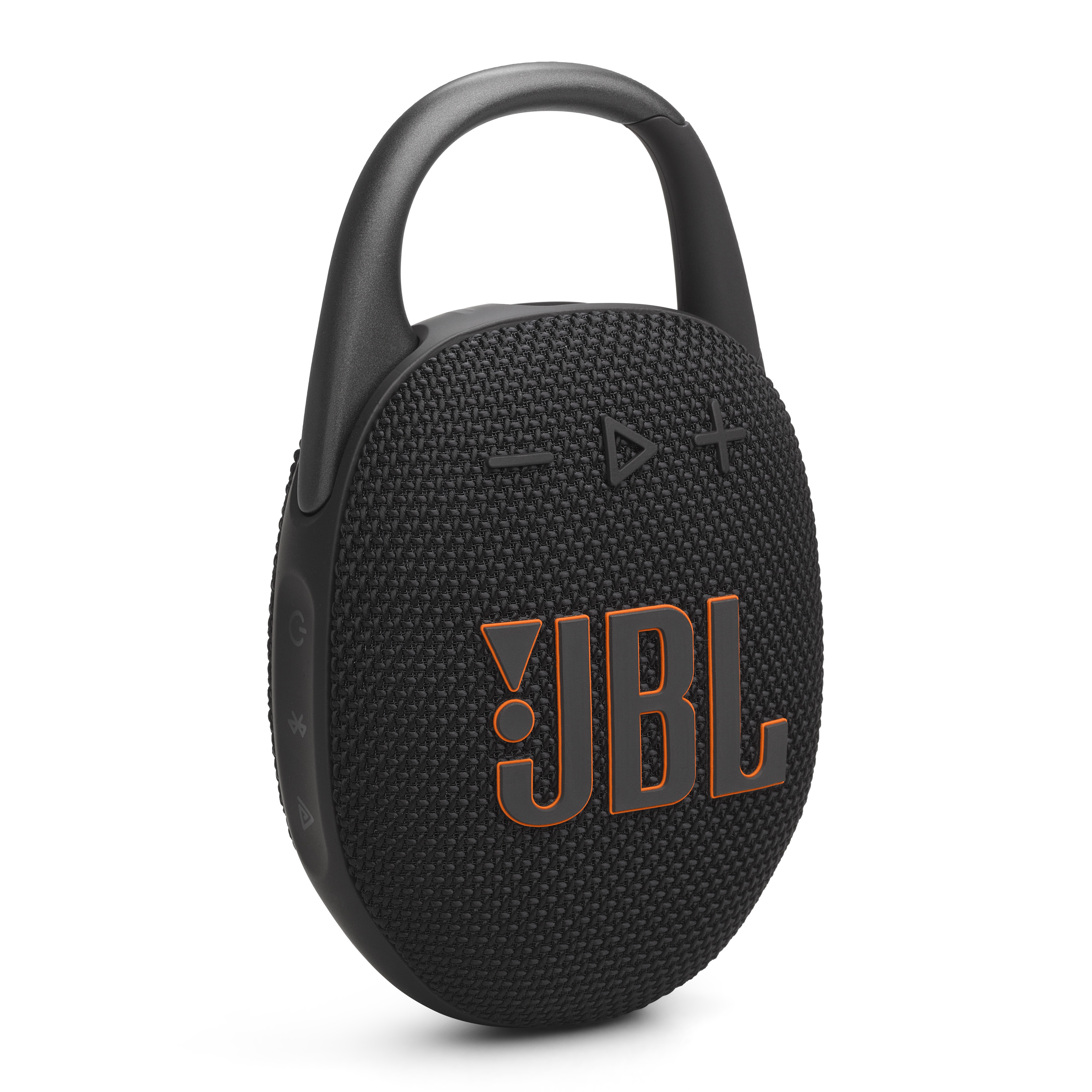 Black JBL Clip 5 JBLCLIP5BLKAM portable Bluetooth speaker with integrated carabiner, official front hero image
