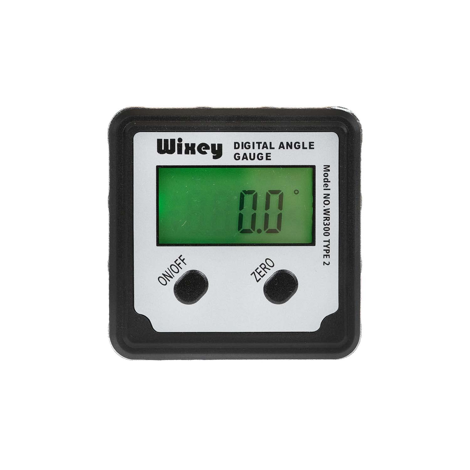 Front of Wixey WR300 Type 2 with green backlit screen, ON/OFF and ZERO buttons