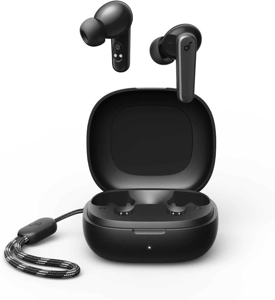 Black P20i earbuds over an open charging case with the two charging wells and earbud contacts visible