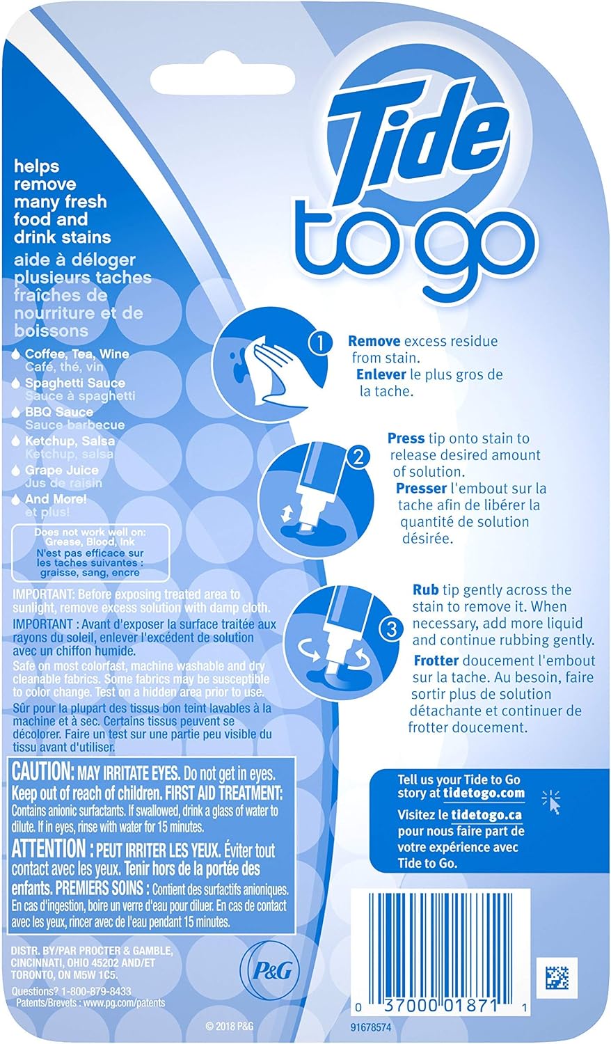 Regular Tide to Go component-package back label showing three application steps and fabric cautions