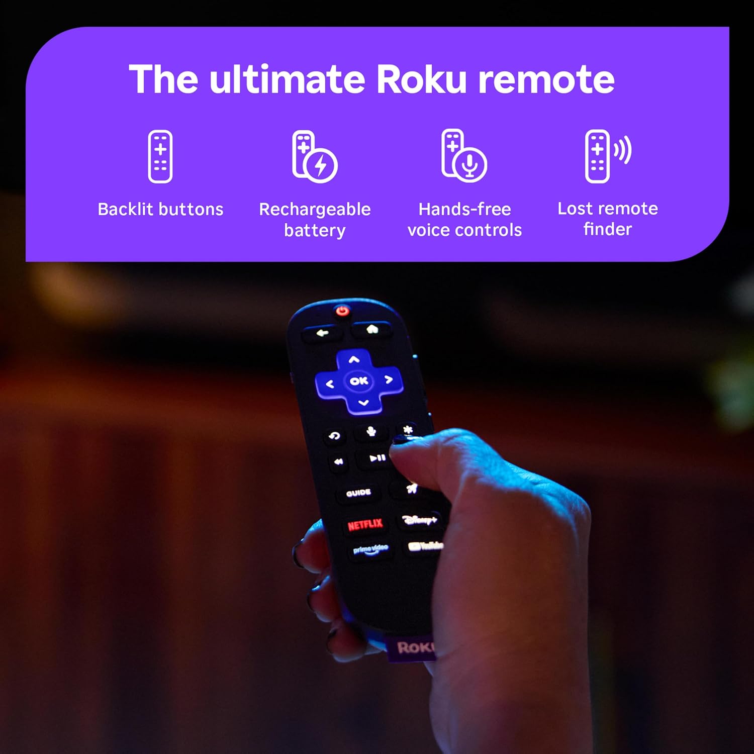 Supplier picture of the included Roku remote with its backlit buttons illuminated