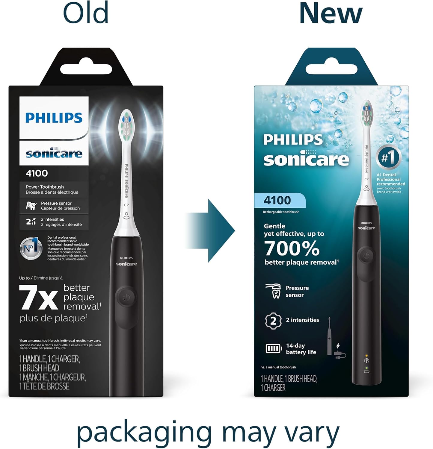 Black Philips Sonicare 4100 HX3681/24 shown with old and new retail packaging, exact Amazon B09LD7WRVS gallery image