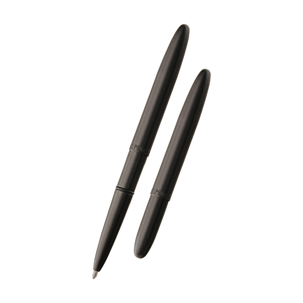Fisher Space Pen 400B shown open with its matte-black cap posted beside the closed pen