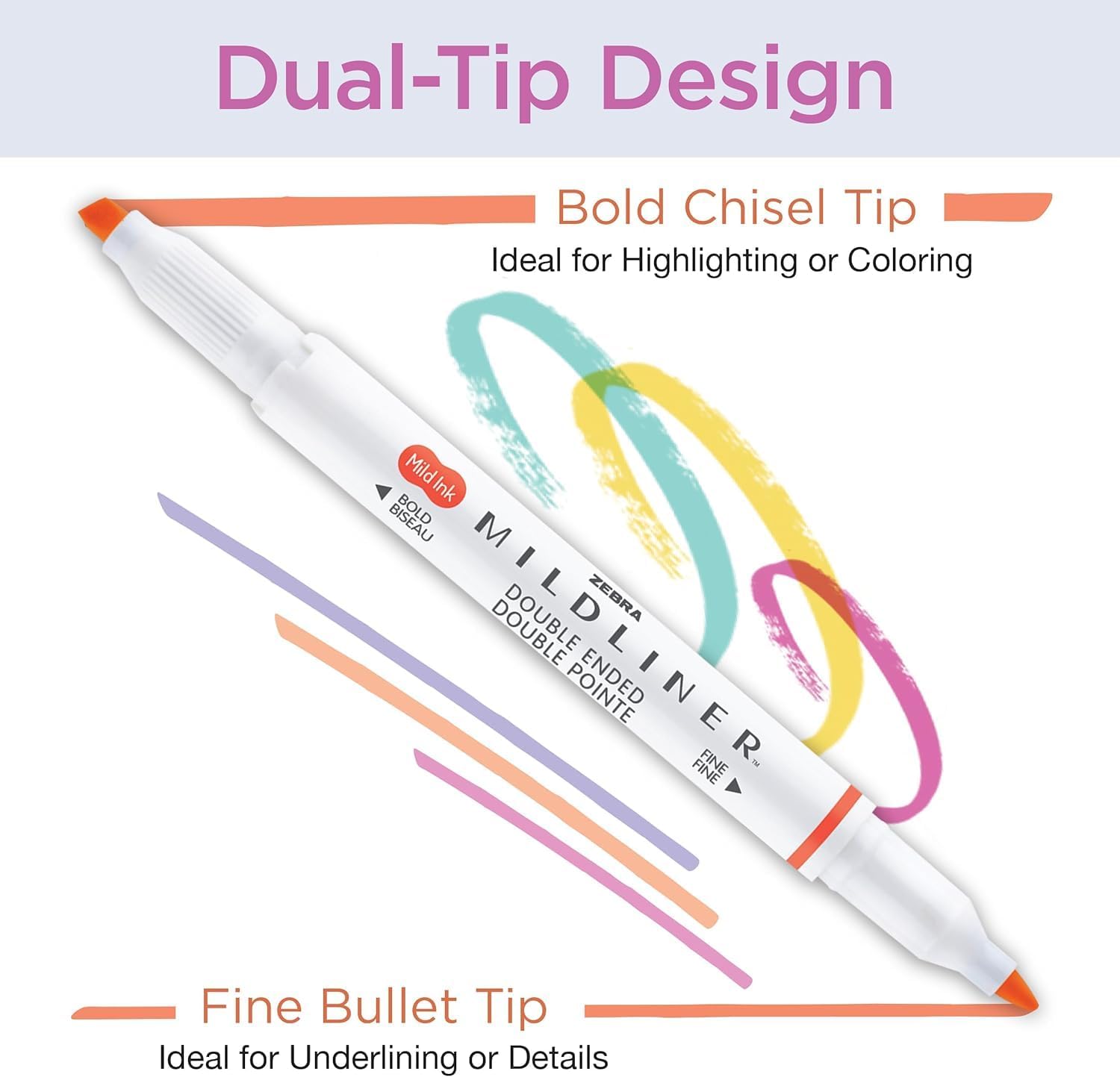 Zebra MILDLINER supplier detail graphic showing a broad chisel tip and a fine bullet tip