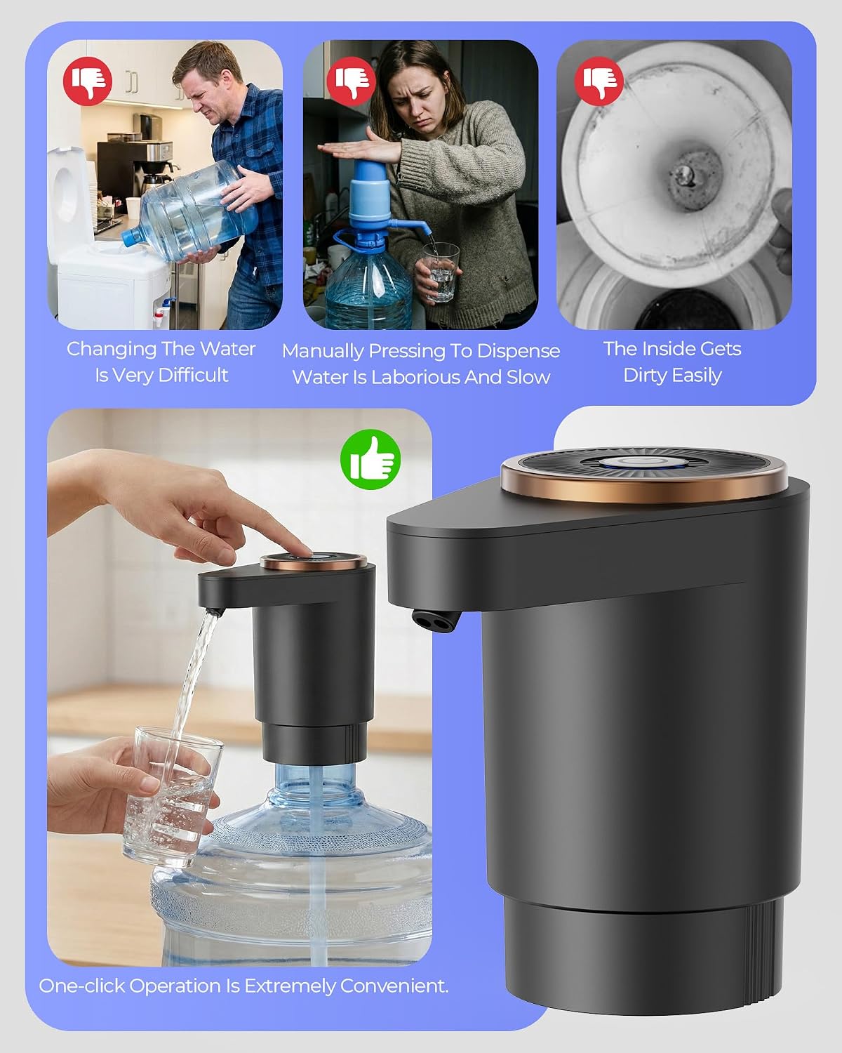 Cozycharm Z02 water-jug pump shown on a bottle with one-button dispensing and lifting-problem examples