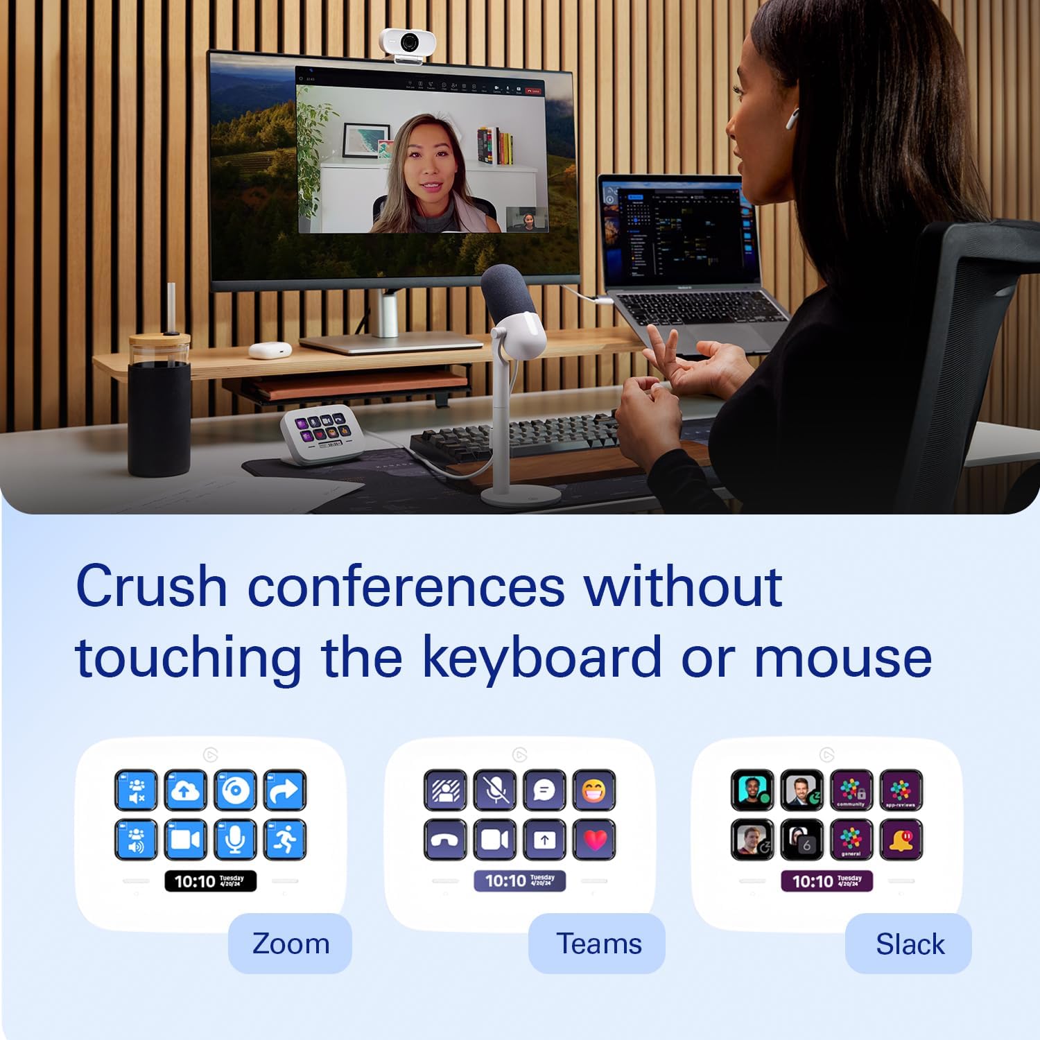 White Elgato Stream Deck Neo used on a desk for video-call shortcuts