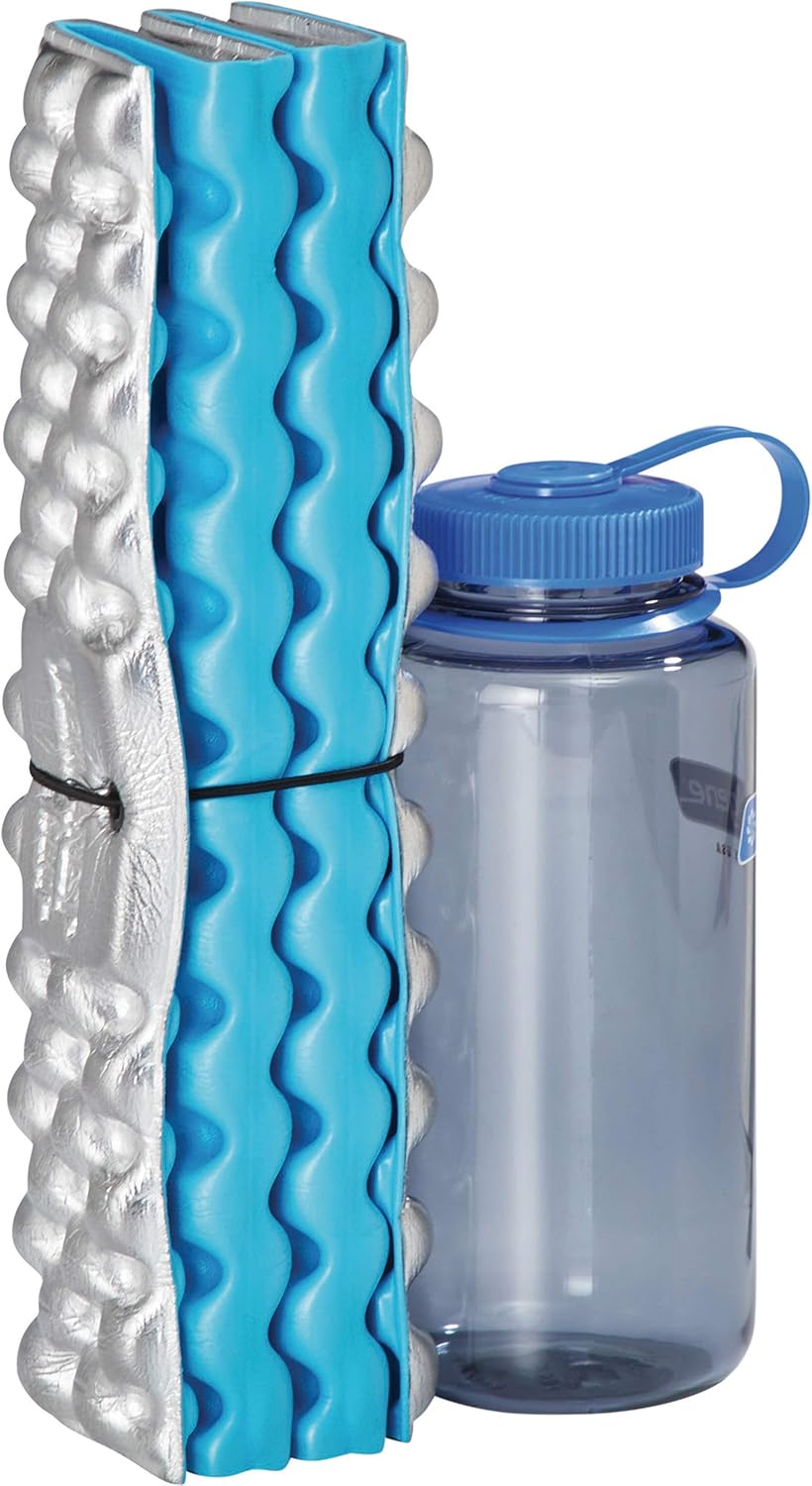 Blue and silver Therm-a-Rest Z Seat folded into a stack with a black bungee beside a water bottle