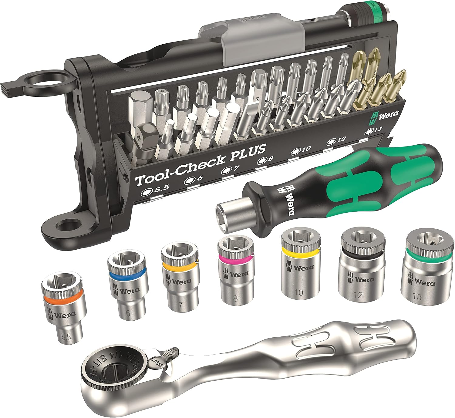 Wera Tool-Check PLUS with seven metric sockets, mini ratchet and handle removed.