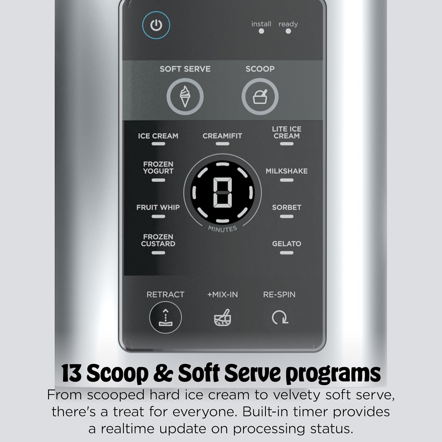 Close view of the Ninja NC701 control panel with scoop, soft serve and frozen dessert programs