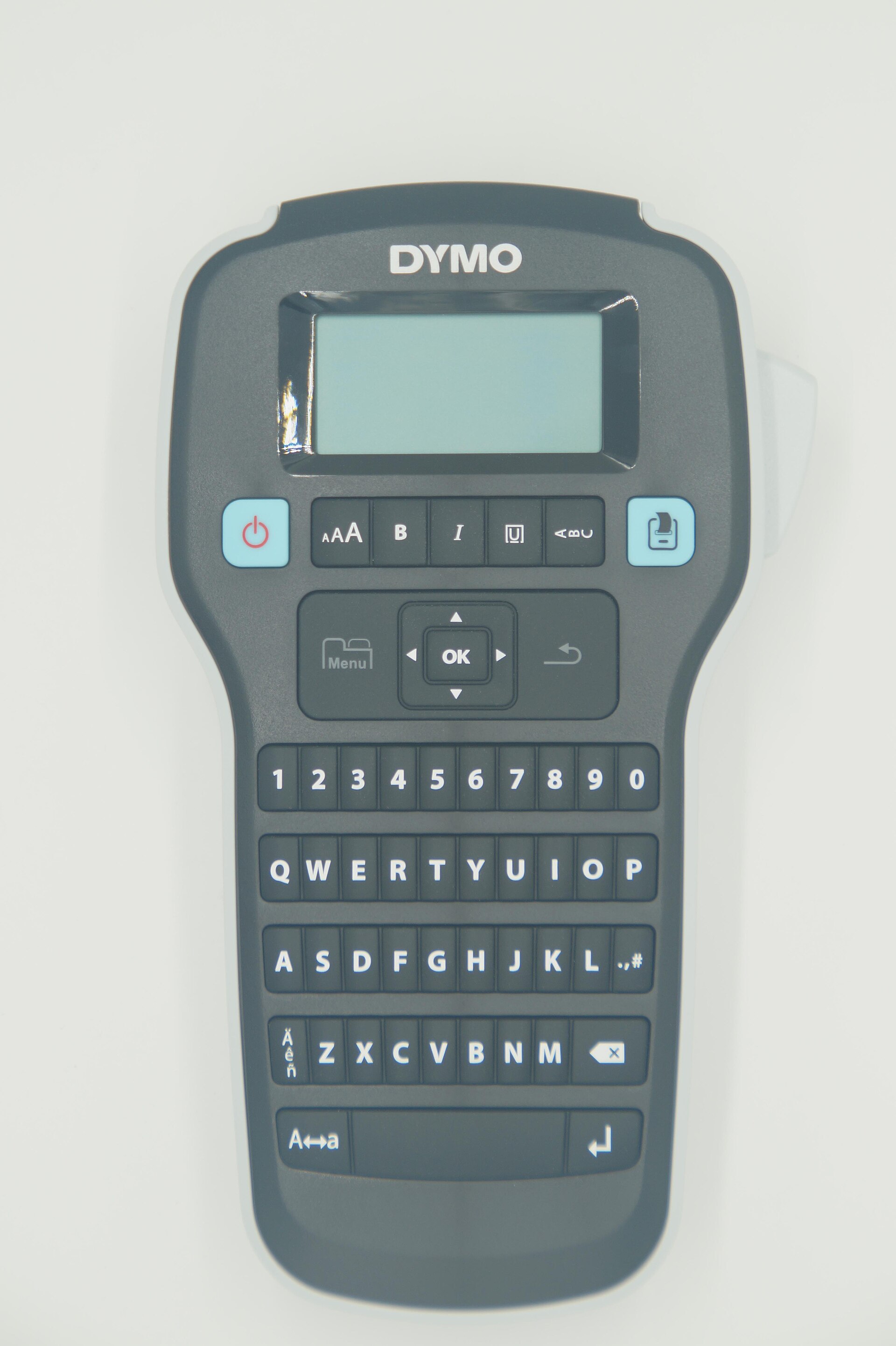 QWERTY keyboard and dedicated formatting buttons on a DYMO LabelManager 160, with its LCD unlit.