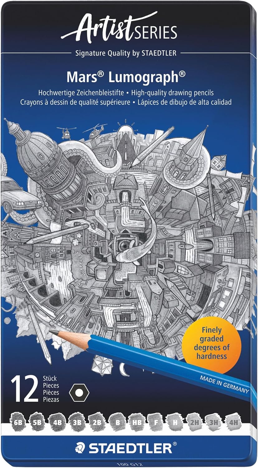 Closed blue STAEDTLER Mars Lumograph 100 G12 tin showing twelve grades from 6B to 4H