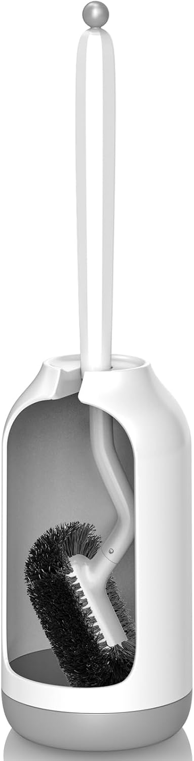 White HAMITOR curved toilet brush in its open-front freestanding holder