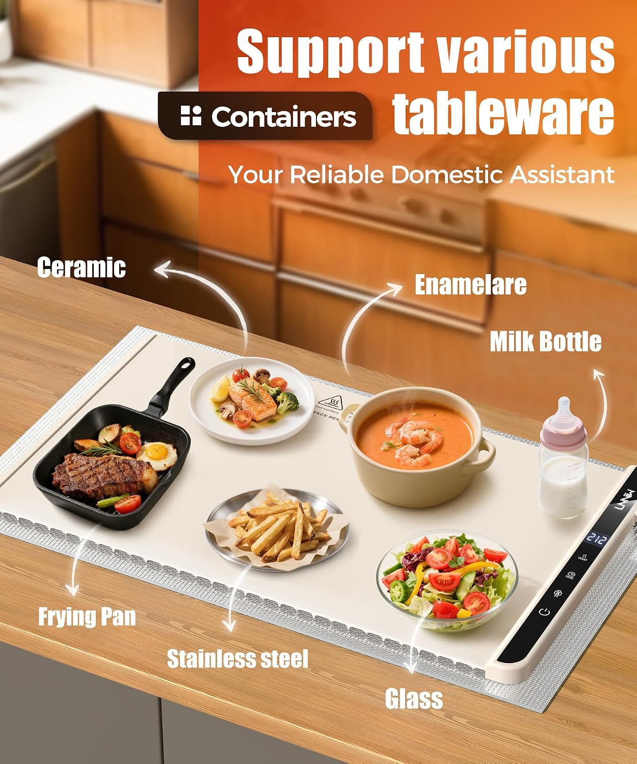 LNNIW warming mat holding several types of serving vessels on a table