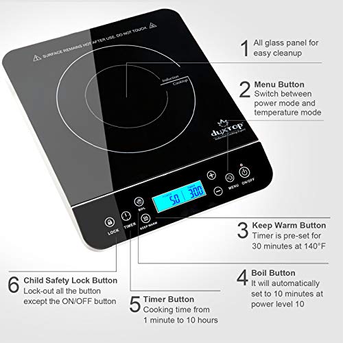 Duxtop 9600LS portable induction cooktop control panel with LCD display and function buttons