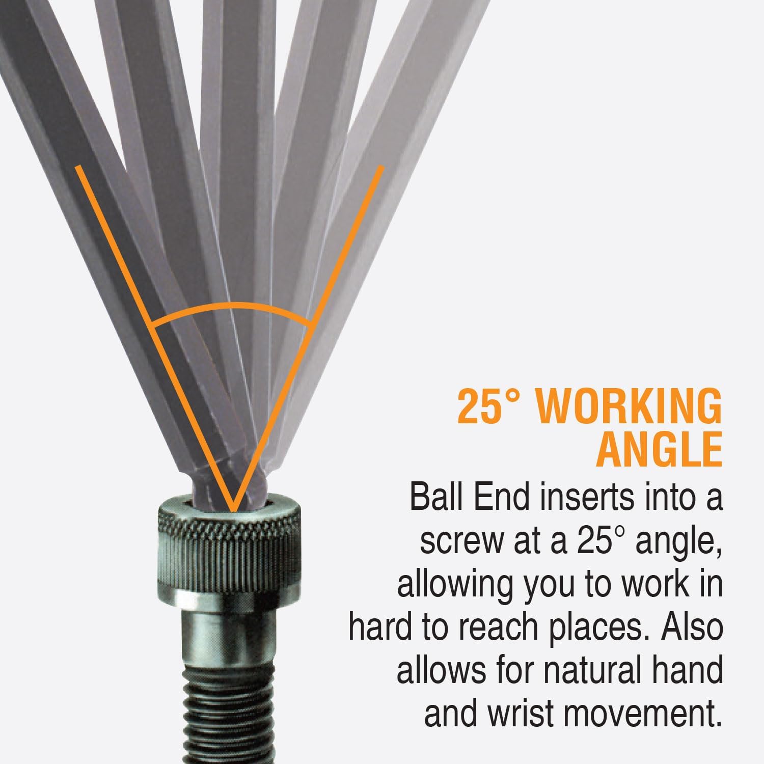 Product-gallery diagram showing a ball end engaging a hex screw at an angle.