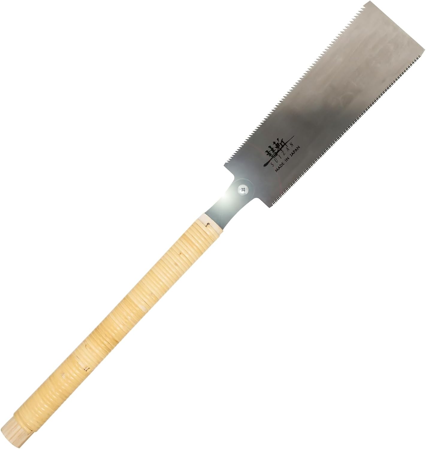 SUIZAN double-edge saw with a wrapped wooden handle, a screw at the blade neck and teeth along both sides of the blade.
