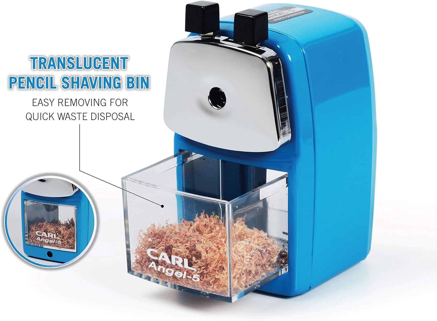 Blue CARL Angel-5 pencil sharpener with its transparent shavings tray pulled forward and pencil shavings visible inside