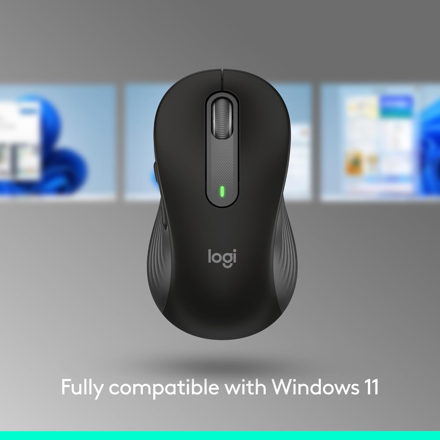 Black Logitech Signature M650 L front view with Windows 11 compatibility background