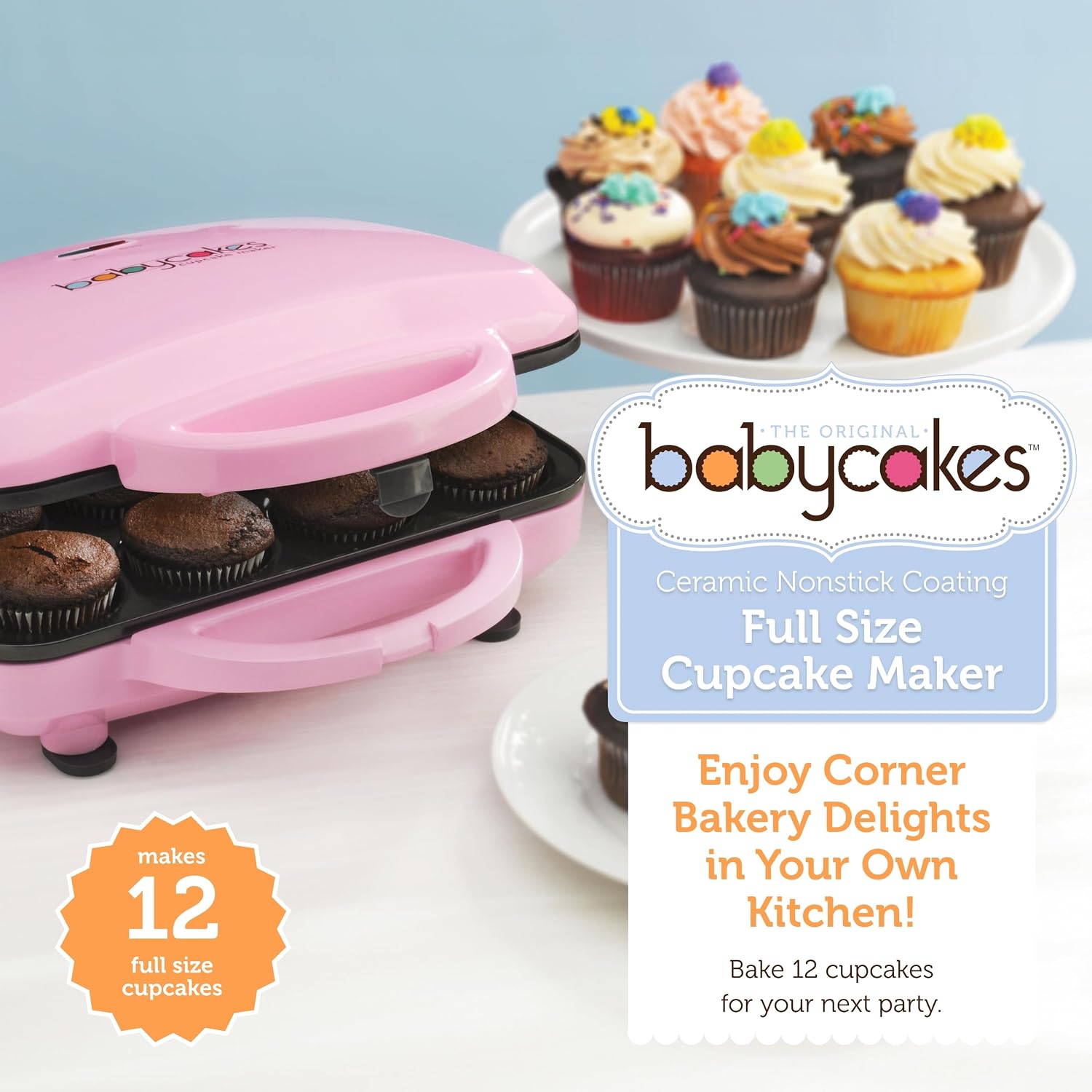 Pink Babycakes CC-12 beside decorated cupcakes with text identifying 12 full-size cupcakes
