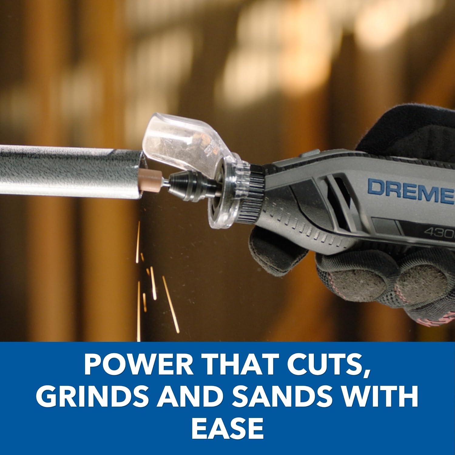 Supplier close-up of a Dremel 4300 working end and shield
