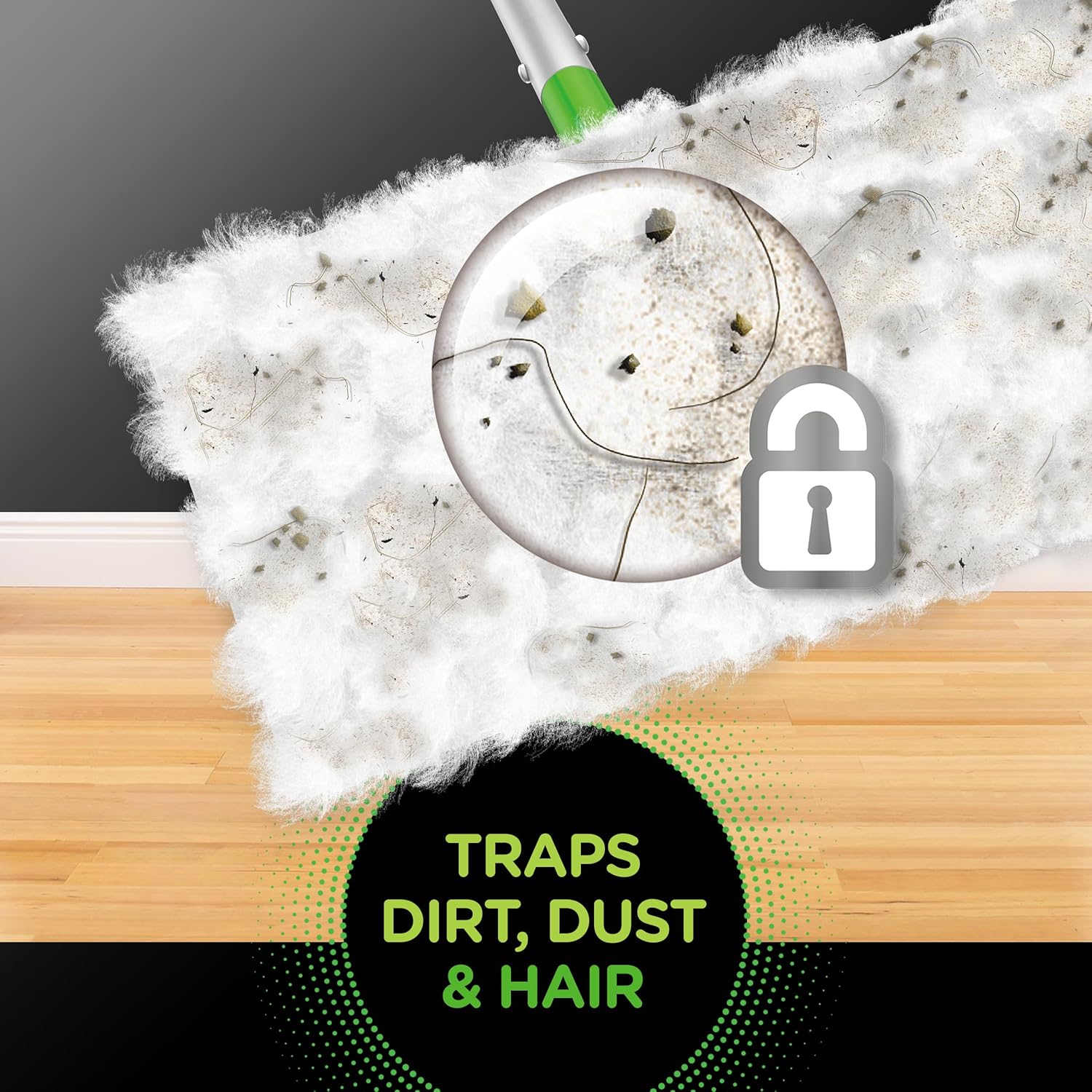 Supplier illustration of a thick Swiffer dry cloth collecting dirt, dust and hair