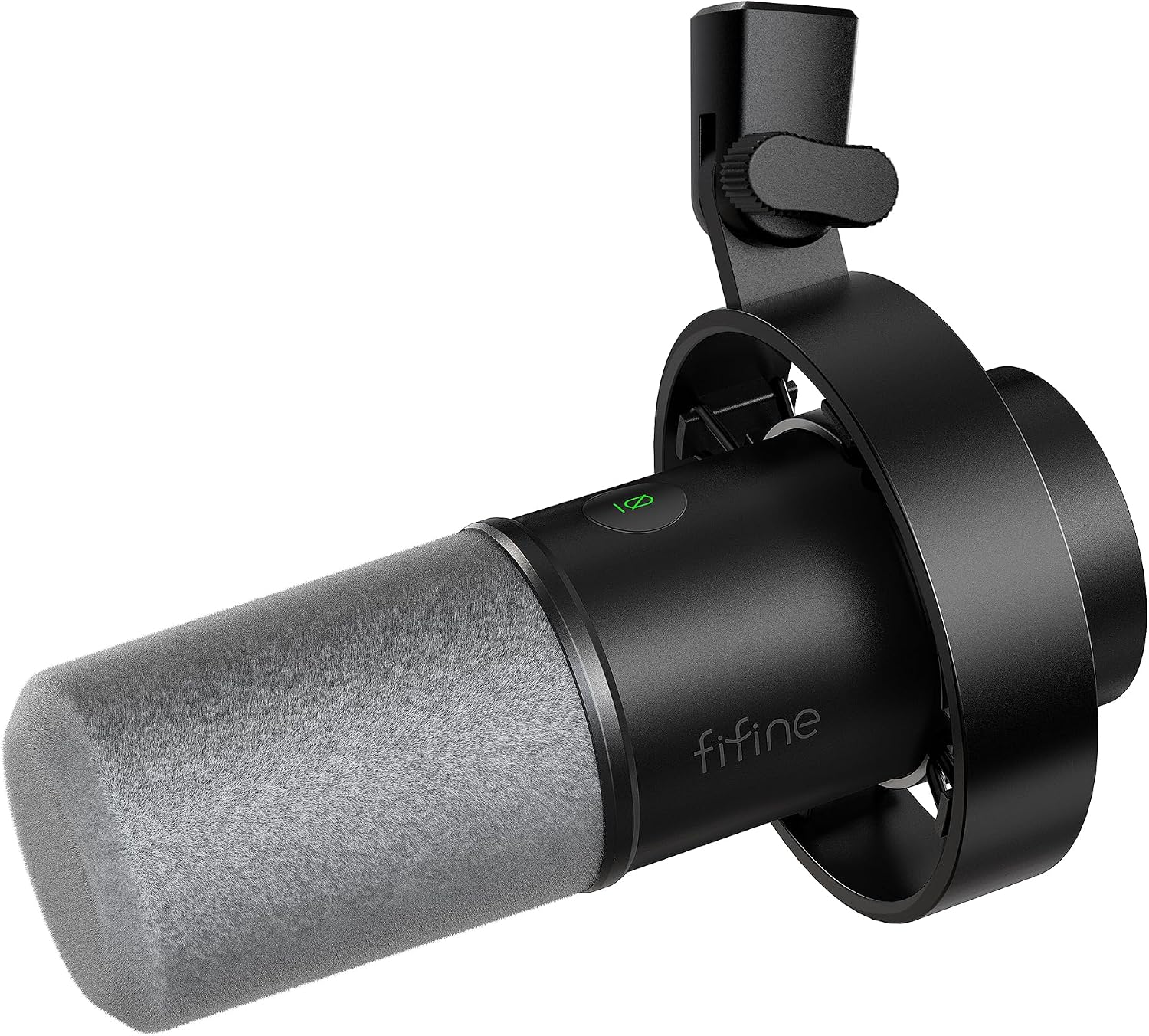 Original black FIFINE K688 microphone with gray foam windscreen and round suspension shock mount