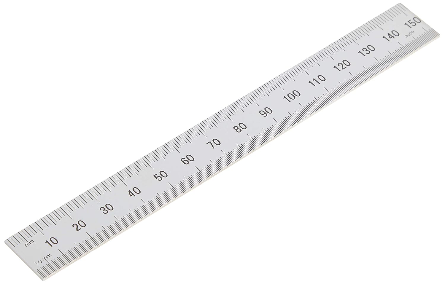 Reverse face of the 150mm steel rule showing millimeter and half-millimeter graduations