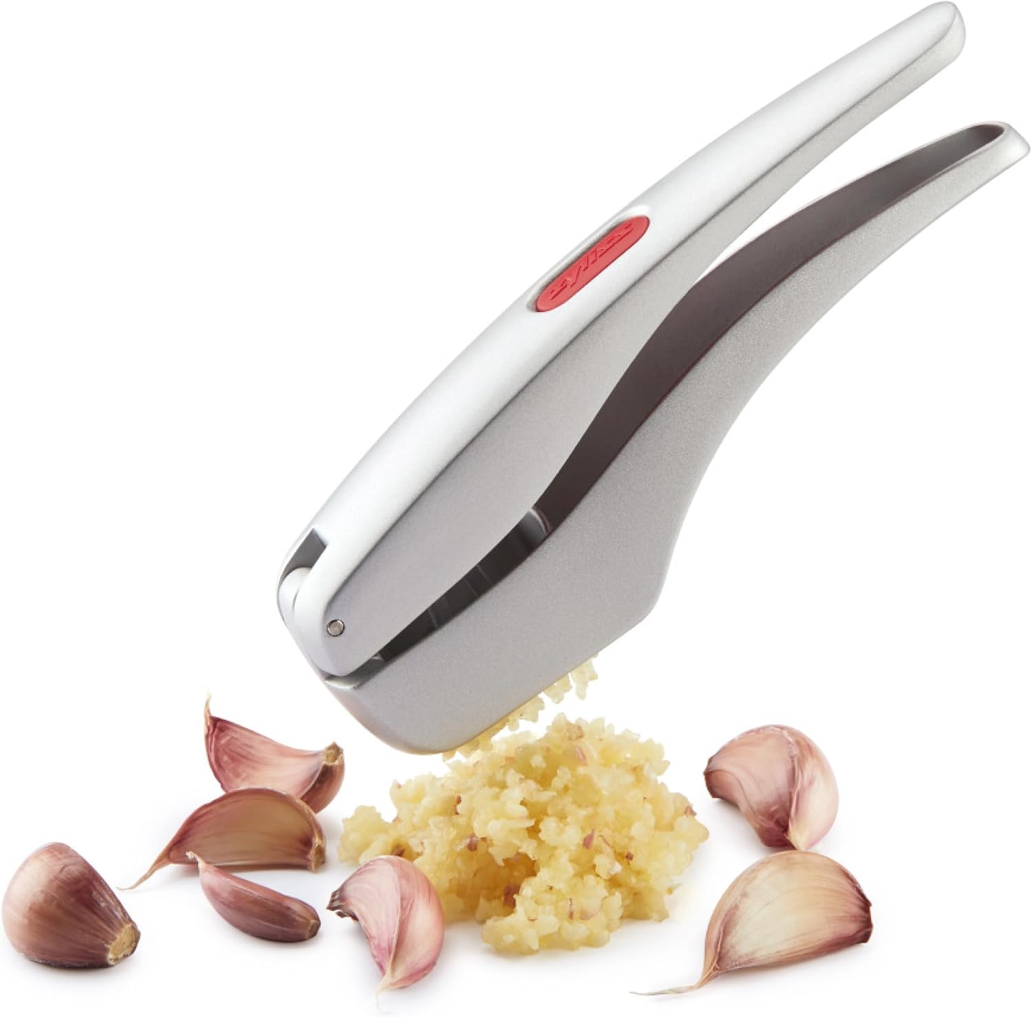 Zyliss Susi 3 cast-aluminum garlic press with its red handle insert.