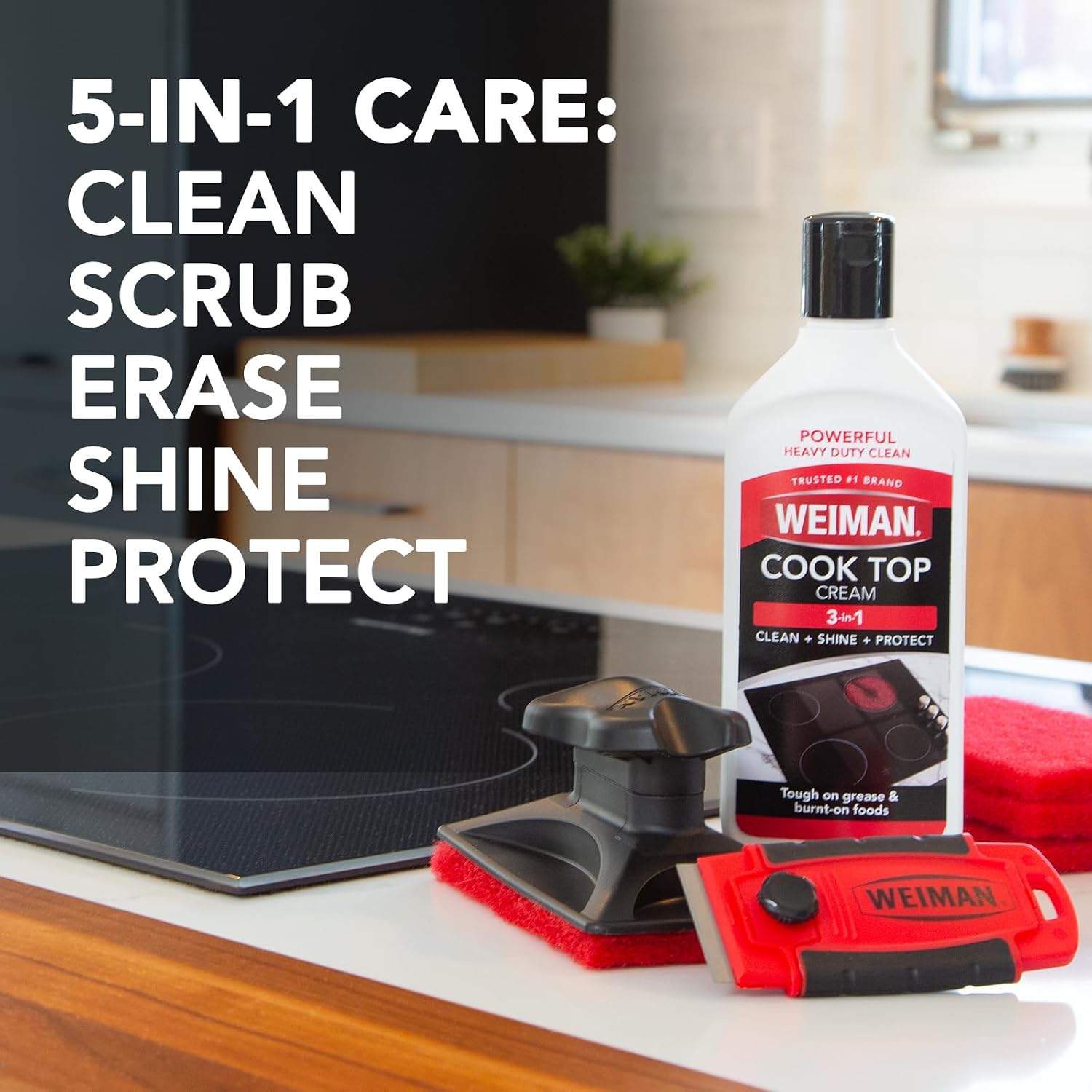 Seller composite showing Weiman cream, scrubber and scraper beside a smooth cooktop