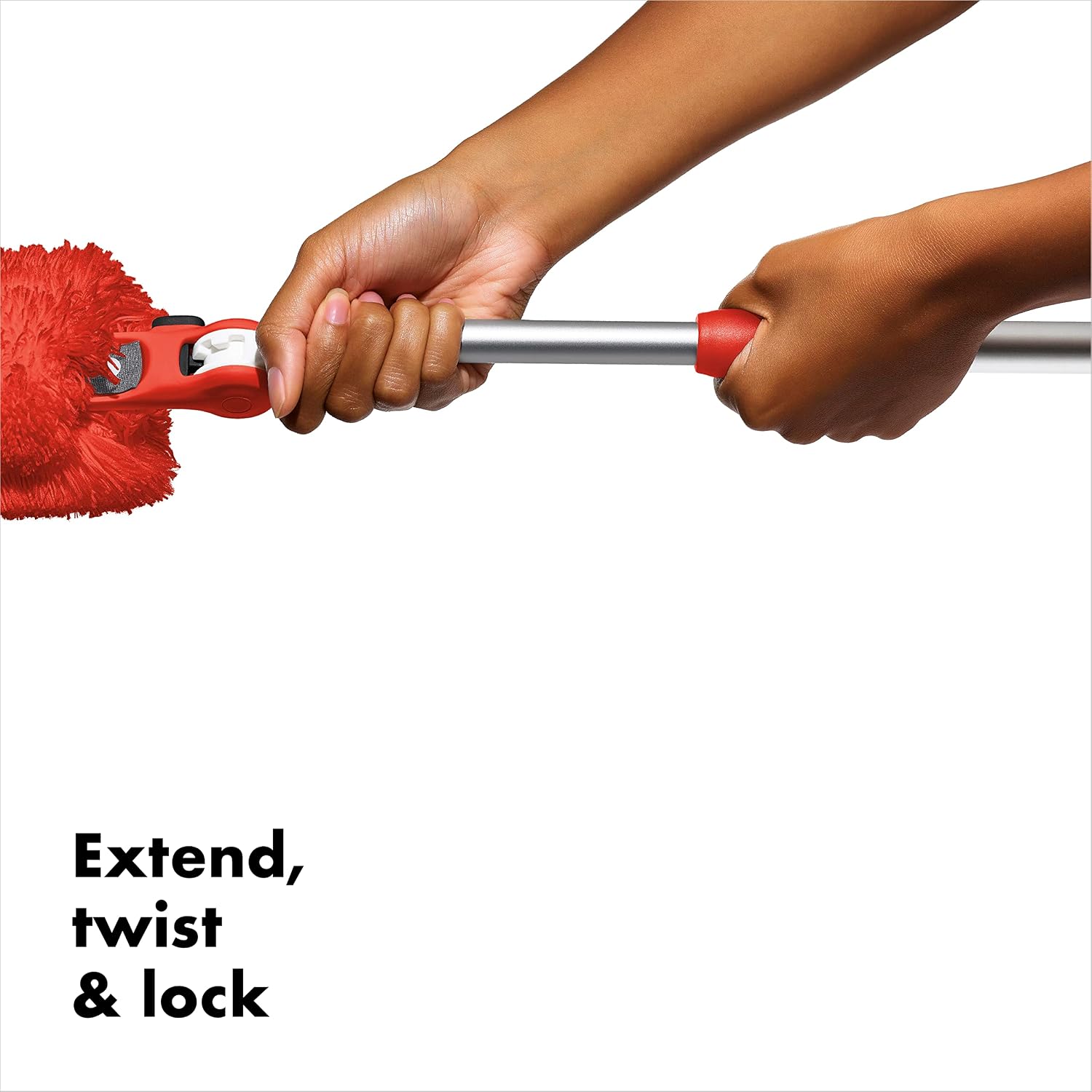 Hands adjusting the silver OXO duster pole beside its red collar and pivoting microfiber head