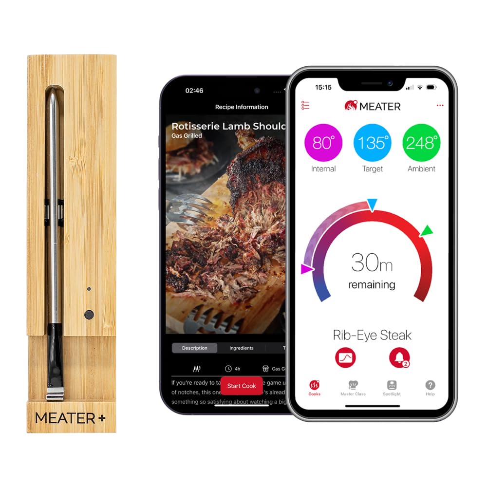 MEATER Plus Honey wireless meat thermometer probe with bamboo charging and Bluetooth repeater dock