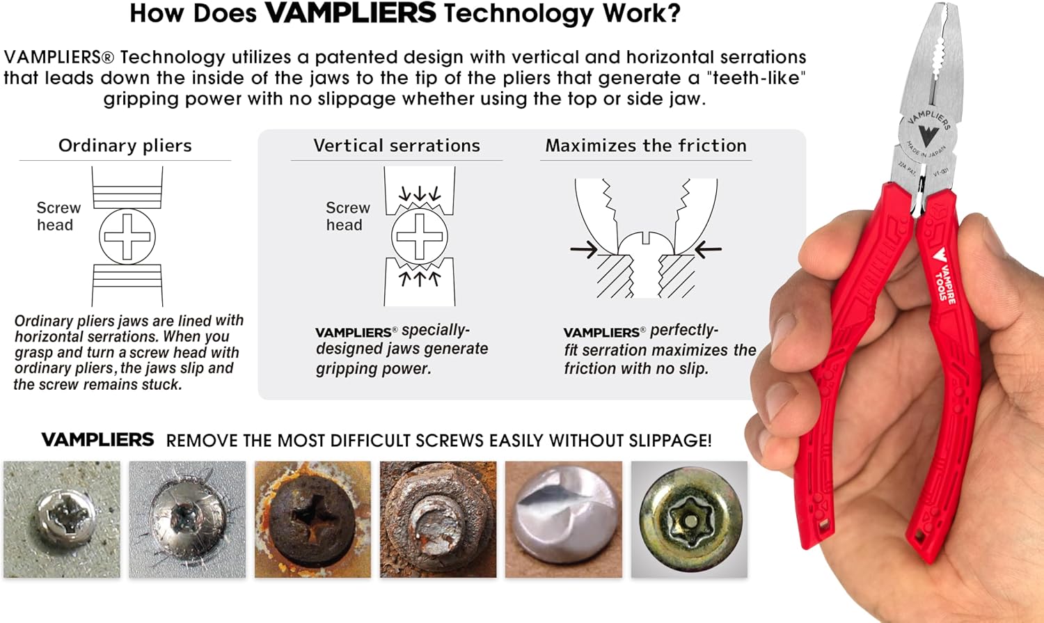 Vampliers VT-001 产品细节图，展示带齿钳口结构。