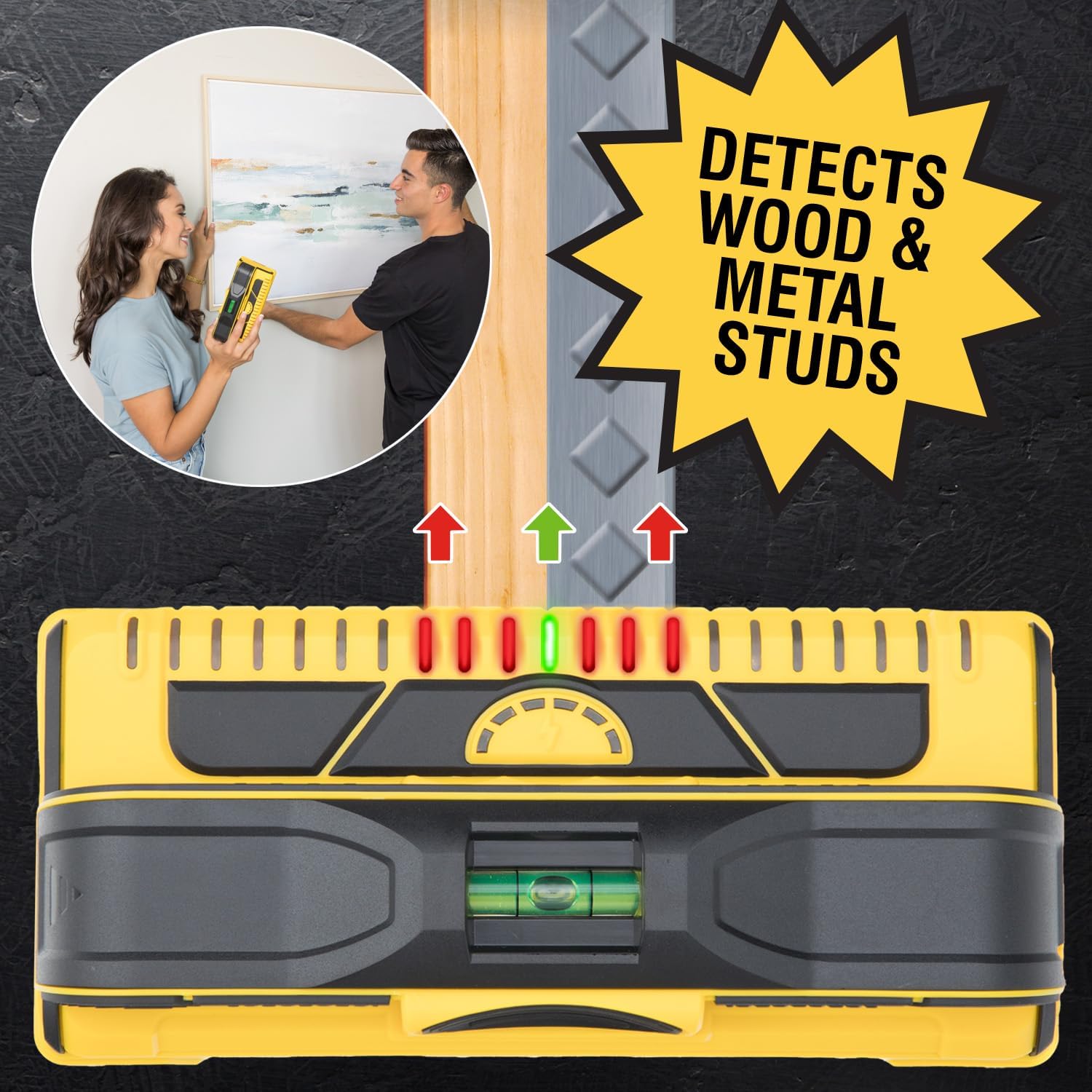 Gallery illustration of Franklin Sensors M210 below wood and metal framing, with an inset of people positioning wall art.