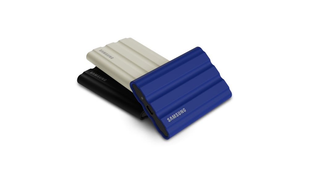 Samsung T7 Shield product-family image including the selected blue portable SSD.