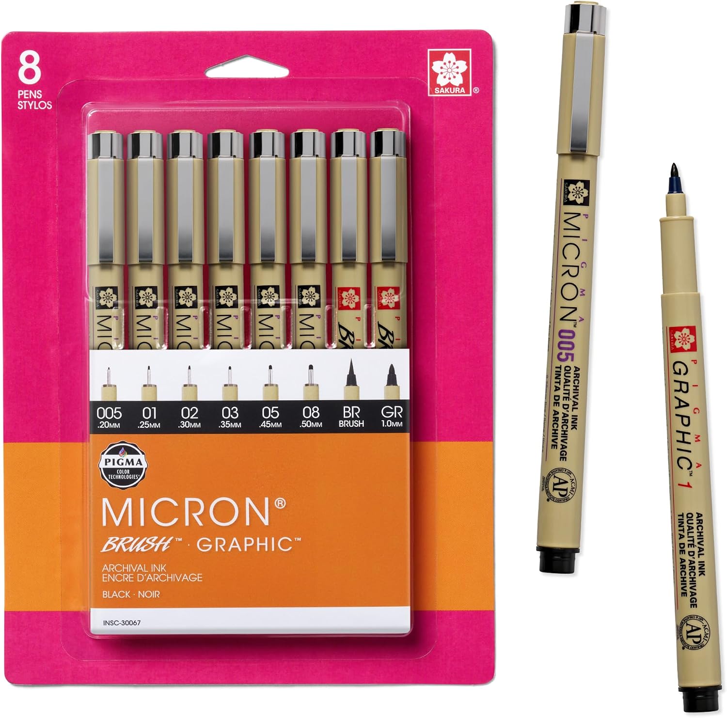 Sakura 30067 eight-pen black Pigma package labeled with six Micron sizes, Brush and Graphic 1 mm
