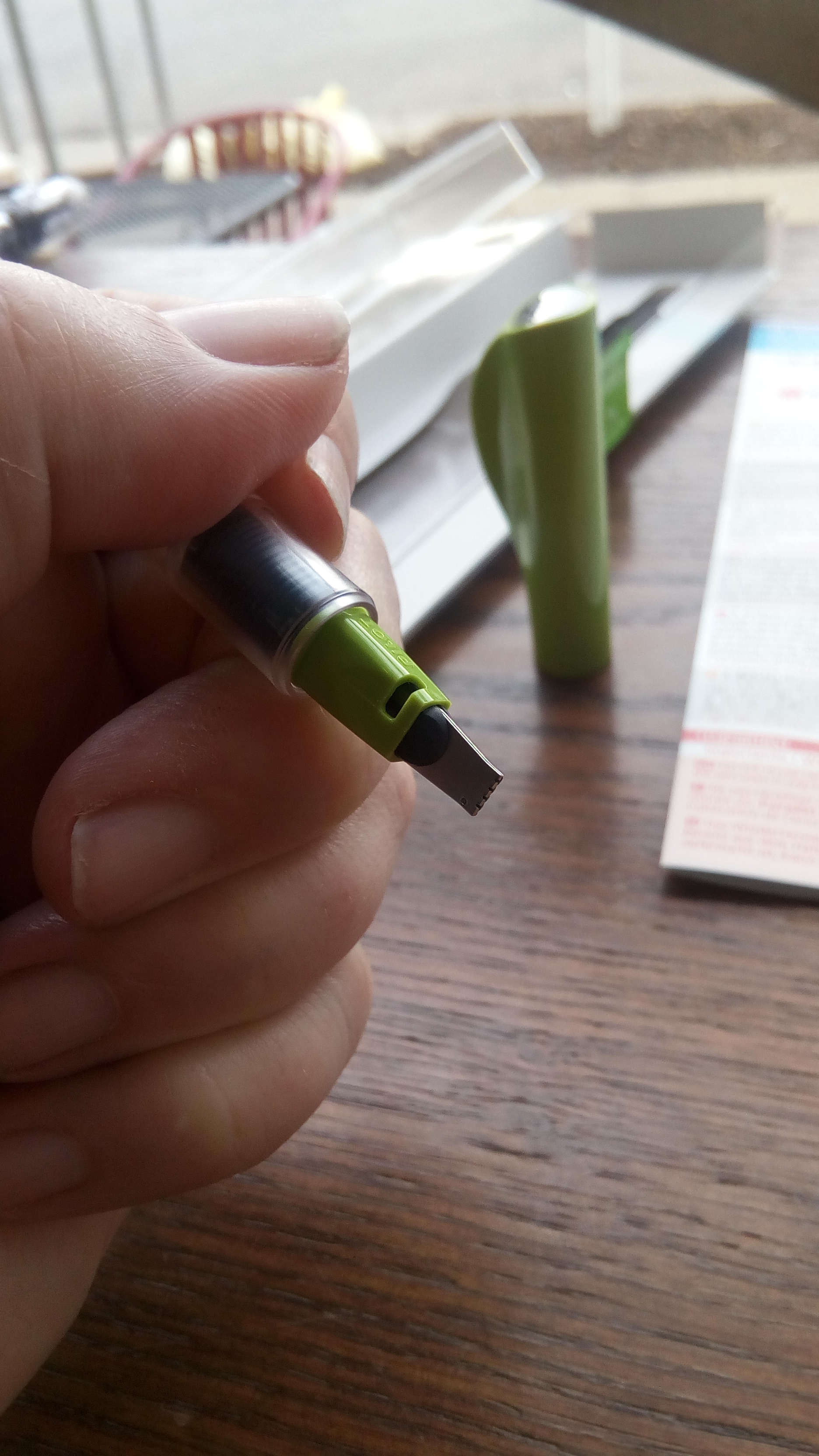 Close view of the green 3.8 mm-marked Pilot Parallel grip and broad metal nib held in a hand.