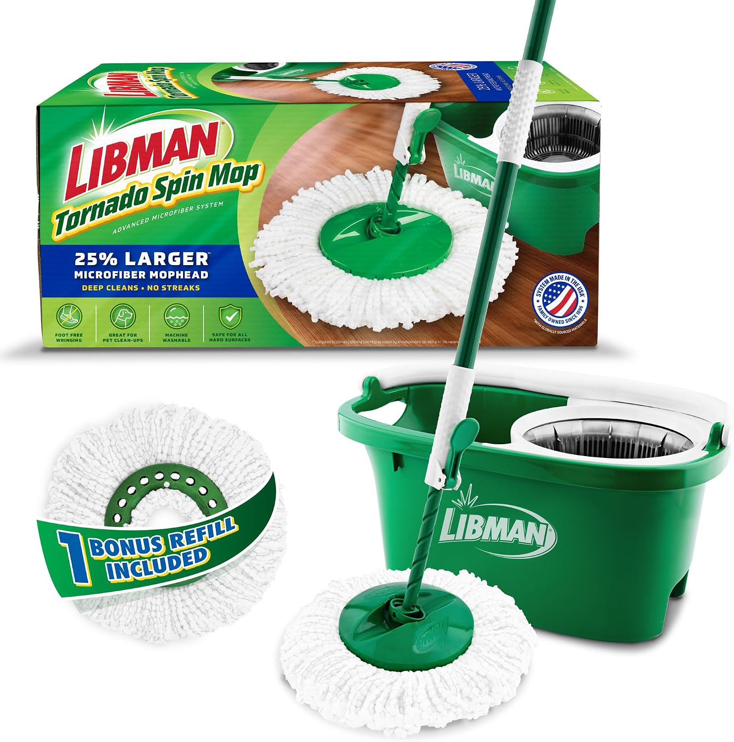 Libman Tornado Spin Mop System #1283 with its green-and-white bucket, mop and microfiber heads.
