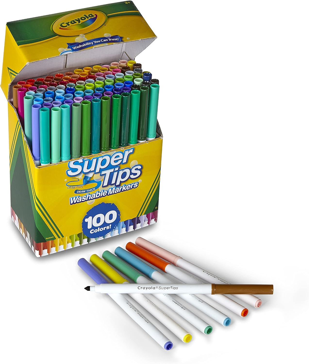 Open Crayola Super Tips 100-color box with loose markers and one exposed conical tip