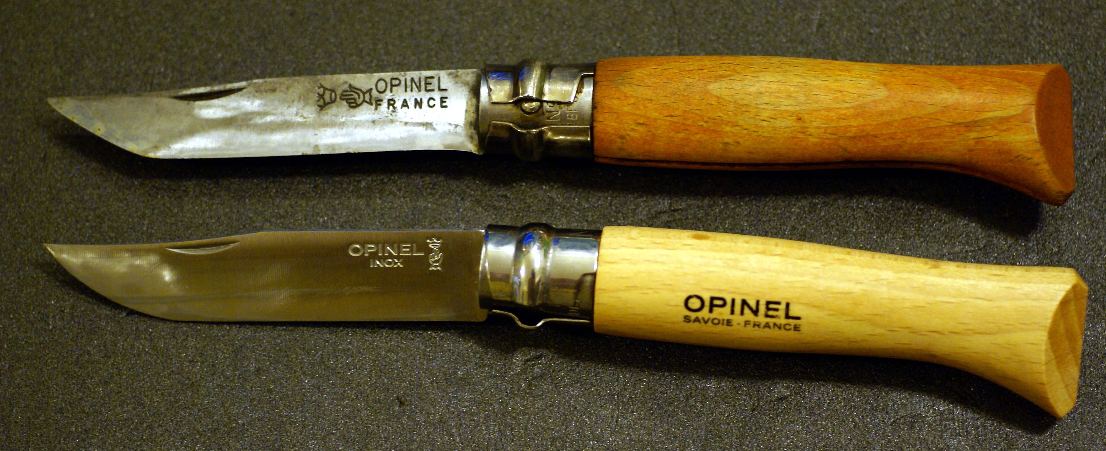 An older No.08 Carbon knife above a separate older No.08 Inox stainless knife; the Inox knife is not included.